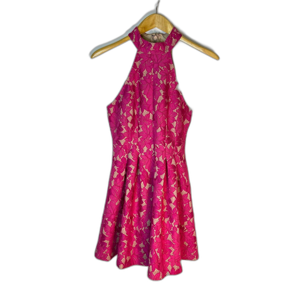 Lulus NWOT Seasons of Love Bright Pink Lace Halter Skater Mini Dress Size S - Picture 4 of 14